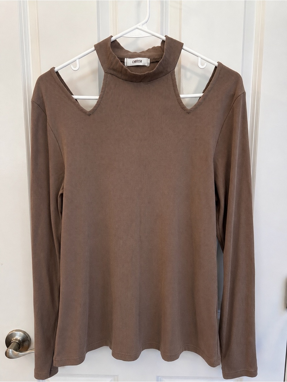 Cherish Taupe Cold-Shoulder Long Sleeve Ribbed Top